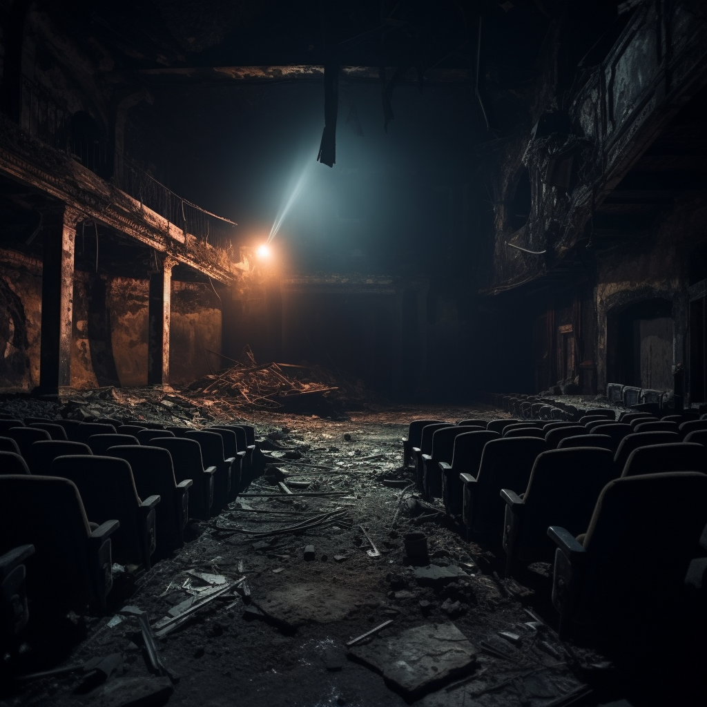 Decaying movie theater in ruins