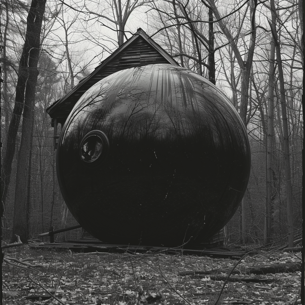 Abandoned old house in the forest with black sphere