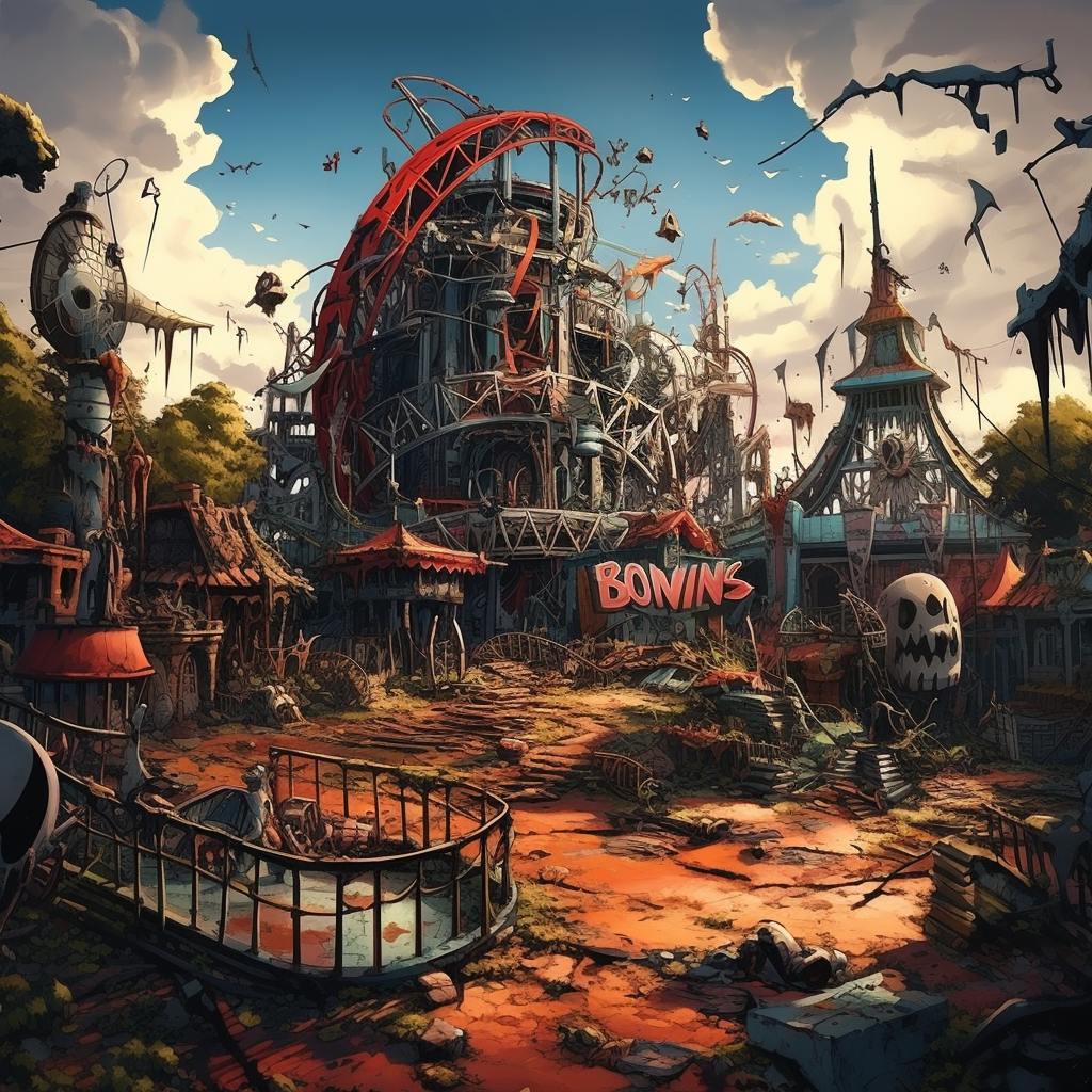 Cartoon image of an abandoned theme park