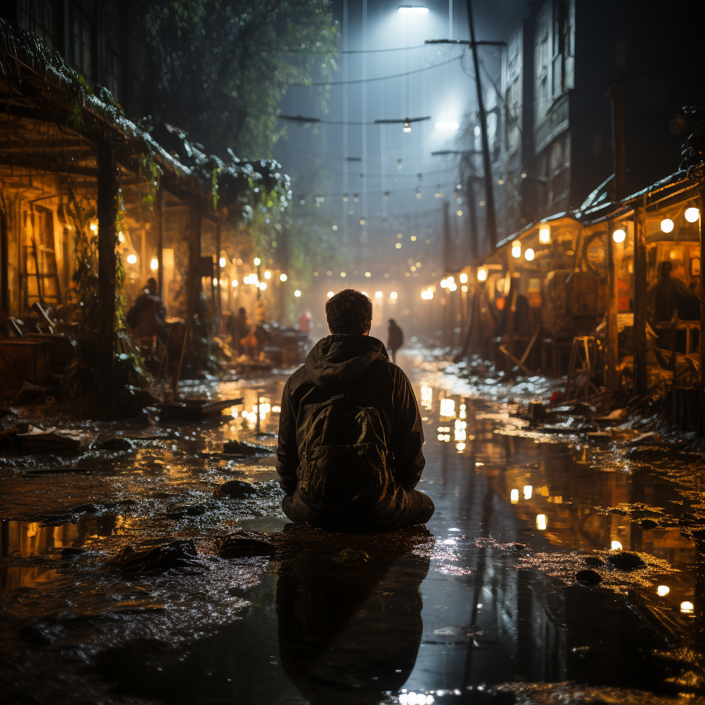 Man working at nightshift in abandoned warehouse