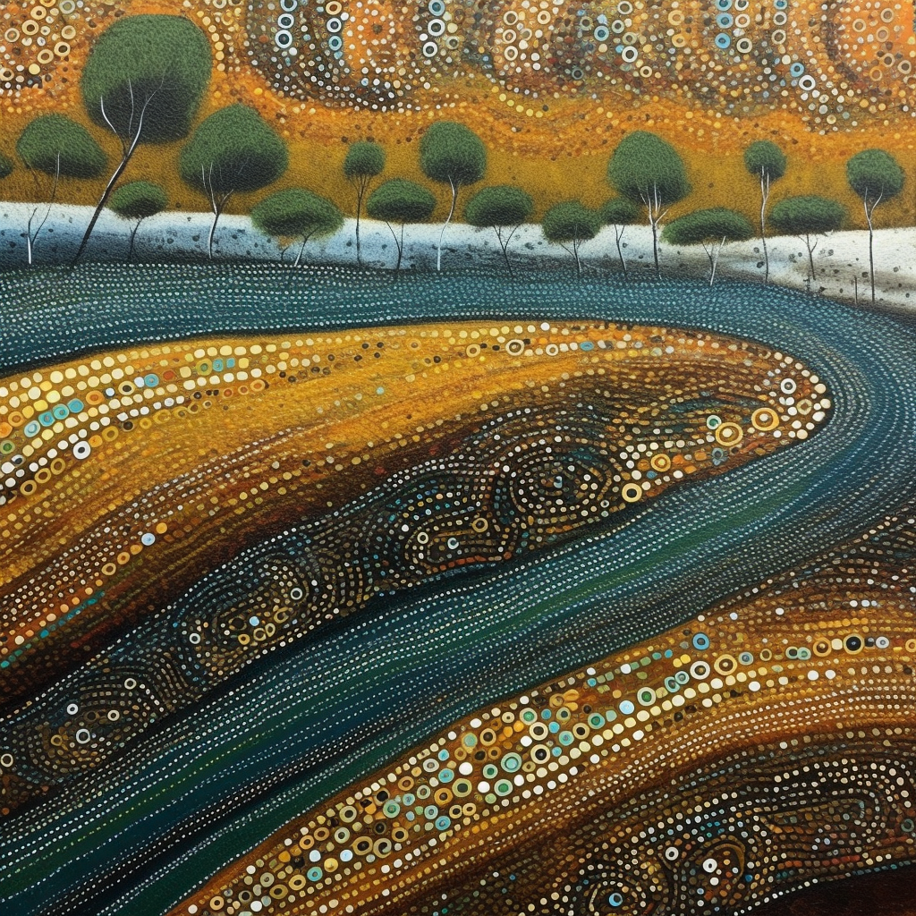 Aboriginal River Painting in Greens and Ochre Colors