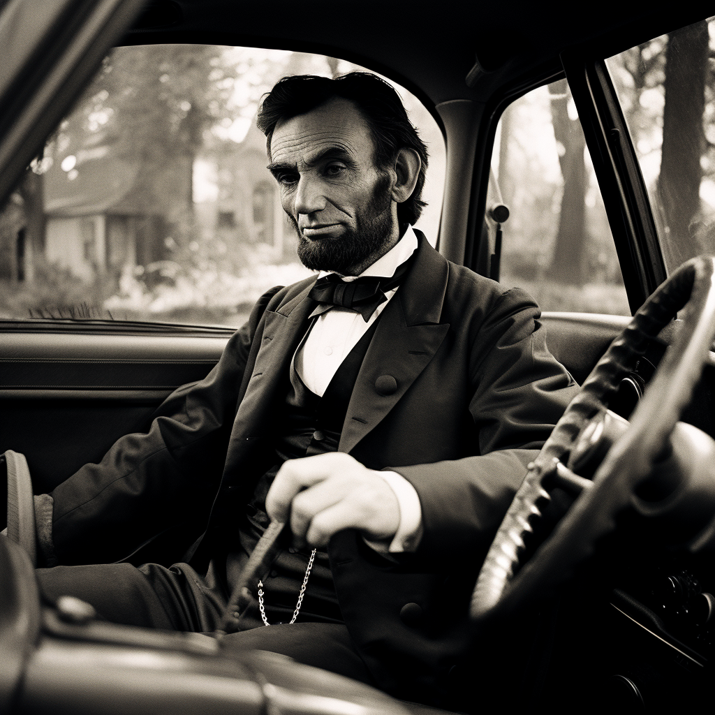 Abraham Lincoln driving a Mercedes