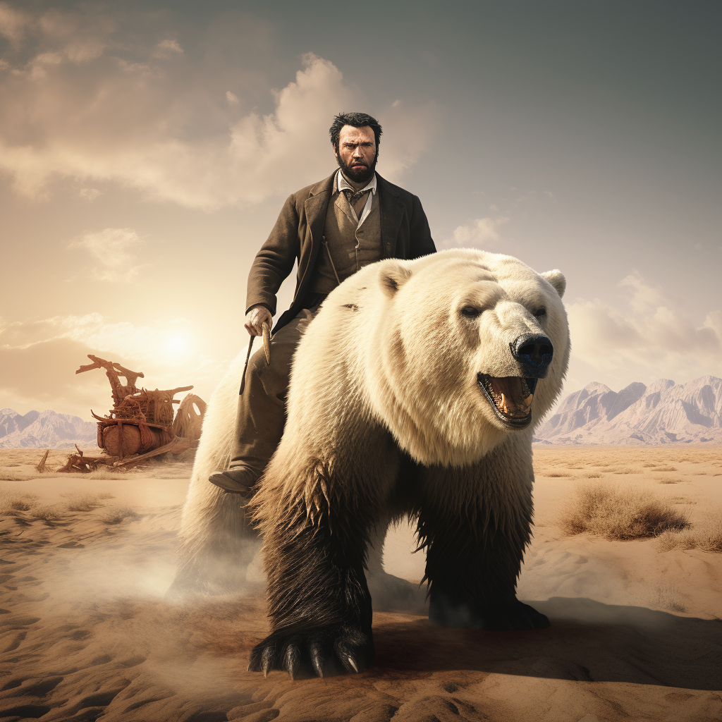 Abraham Lincoln riding polar bear in desert