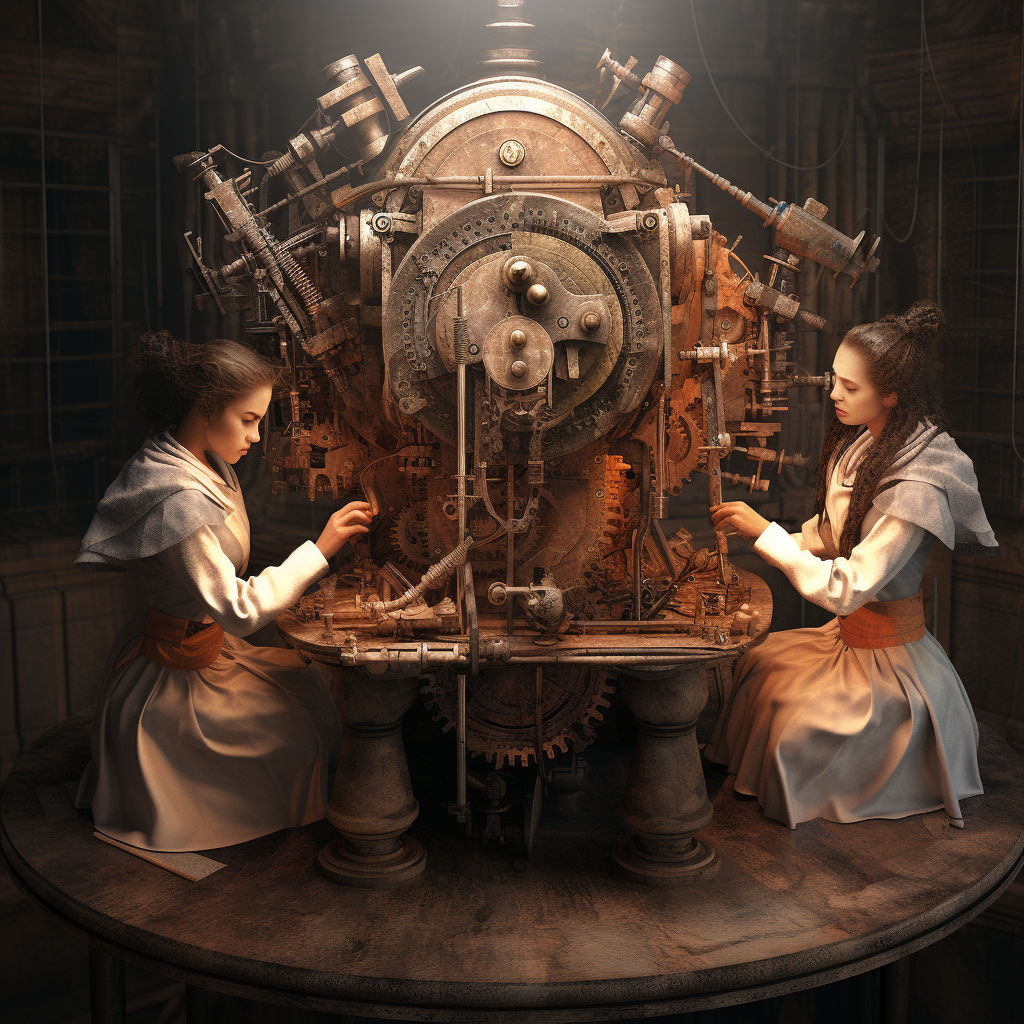 Three females operating mysterious ancient machine