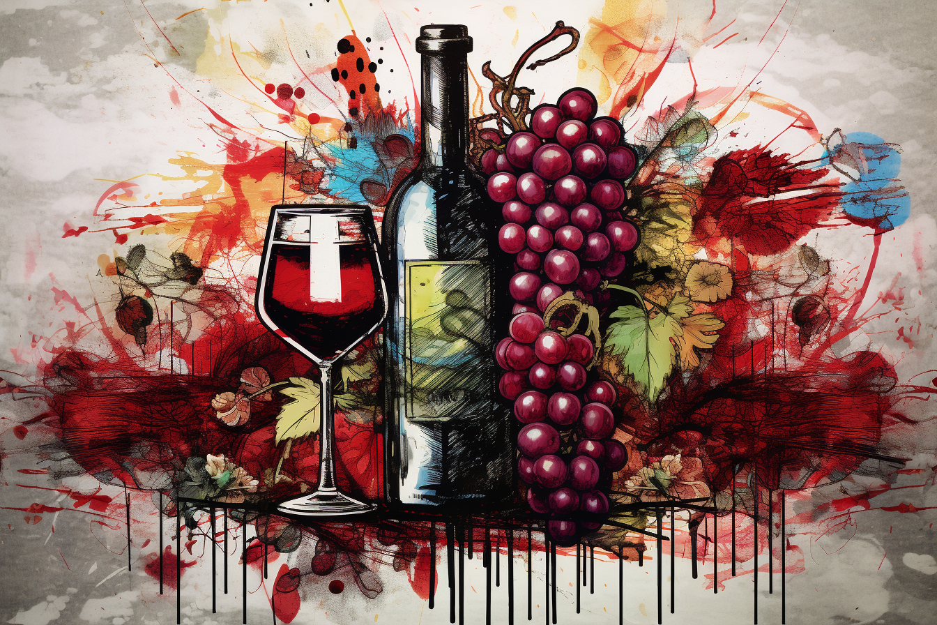 Colorful abstract art with wine and grapes