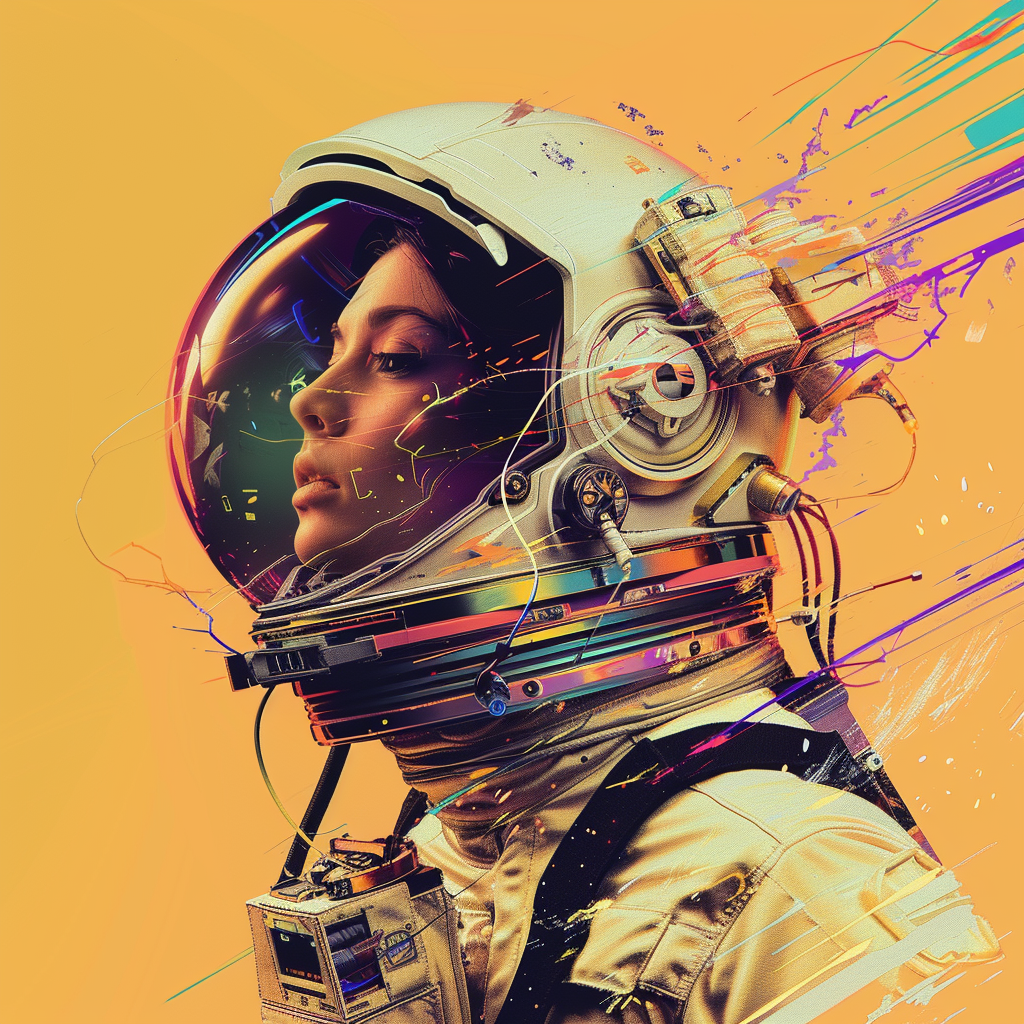 Female astronaut in abstract beauty bistro