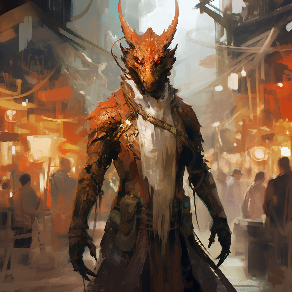 Colorful brushstrokes of female dragonborn in fantasy market