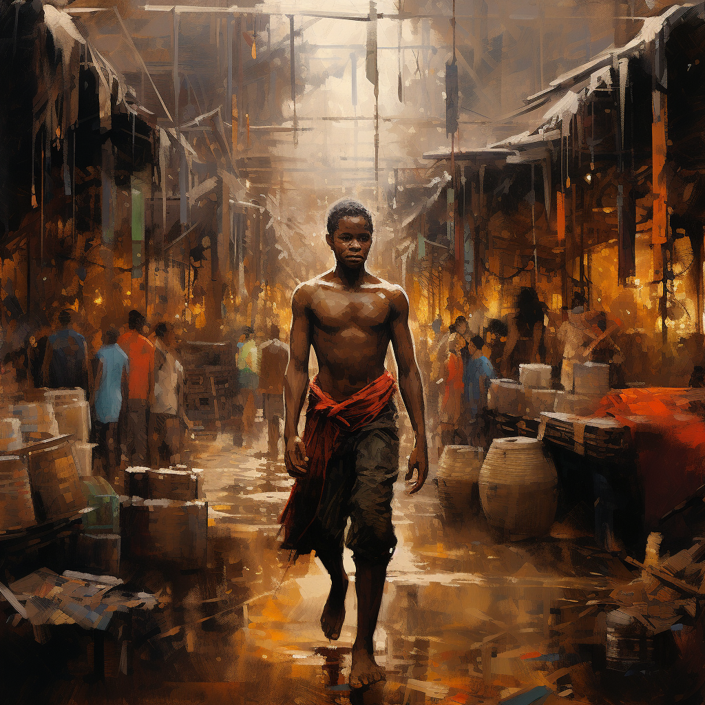 Dark-skinned boy running through markets