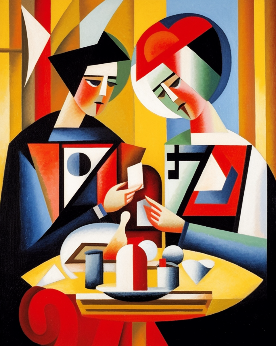 Abstract cubist artwork of an old couple