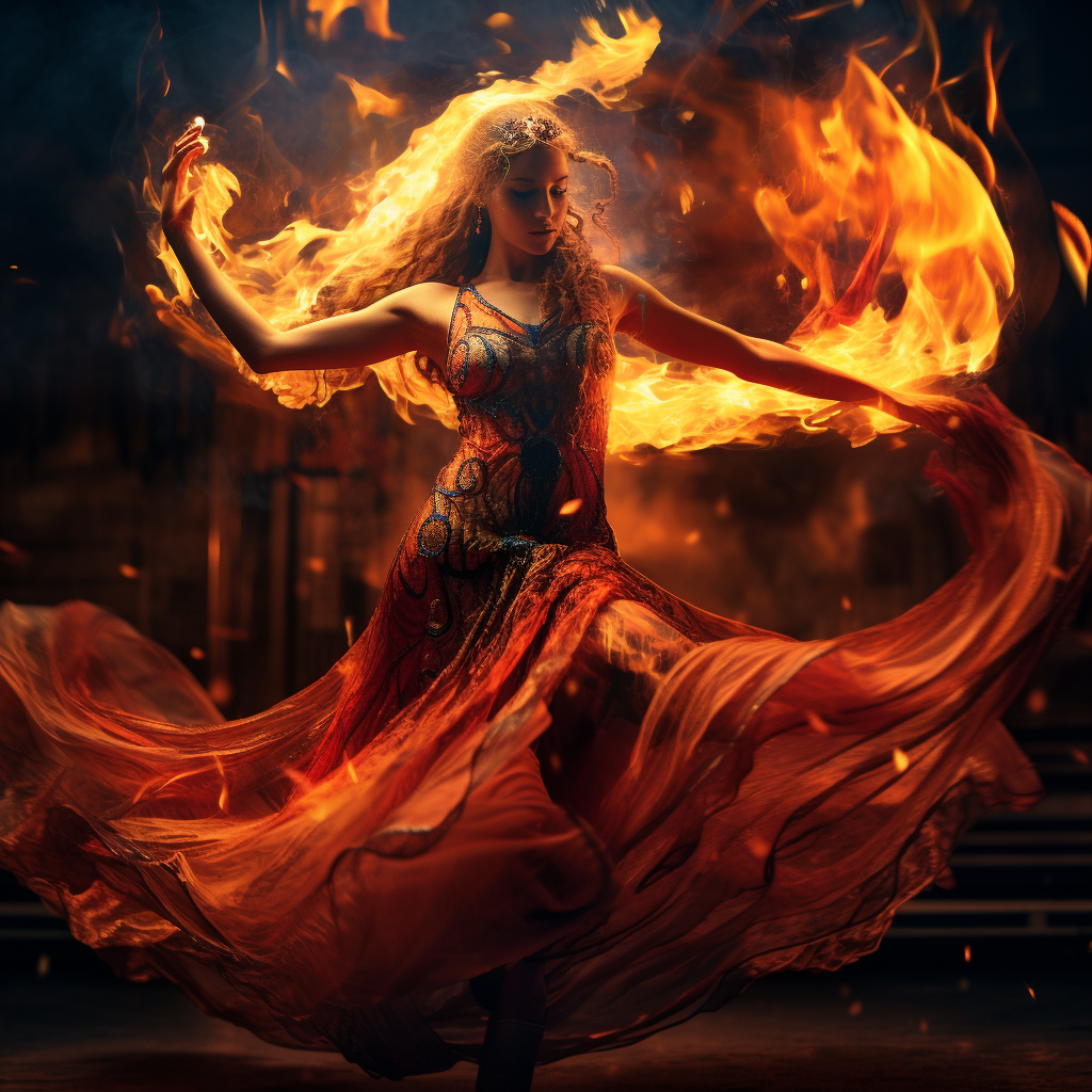 Mesmerizing abstract dancer amidst fiery cinematic lighting