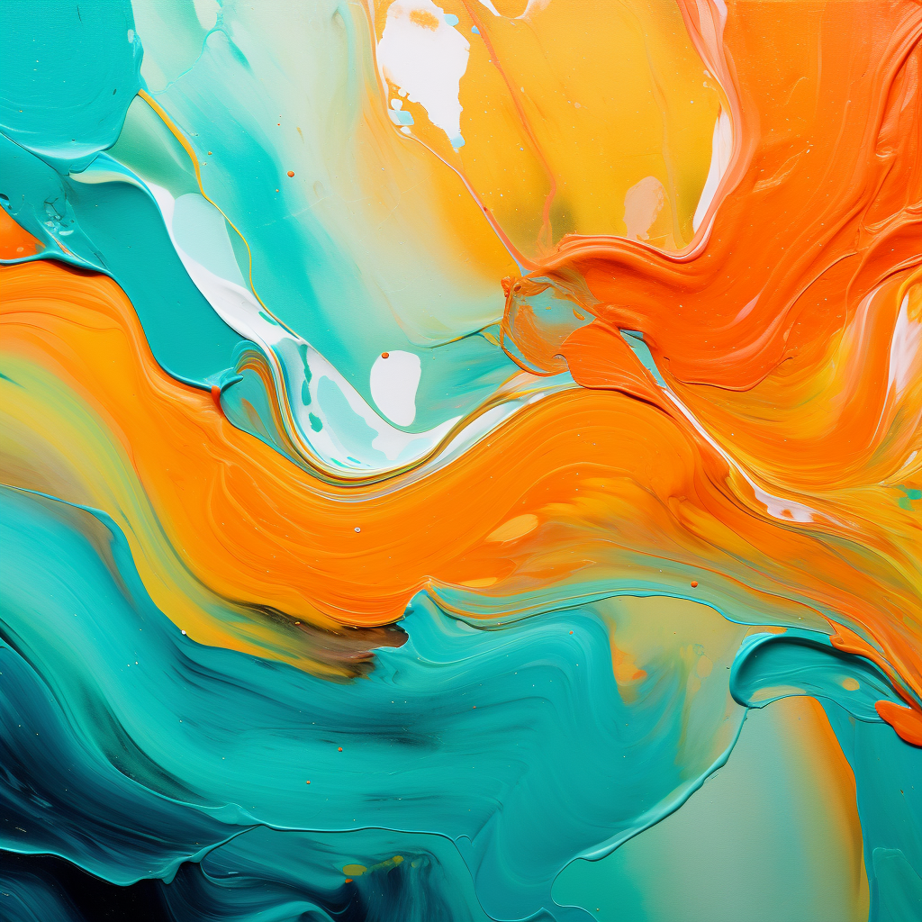 Teal-Green and Bright Orange Abstract Flowing Painting