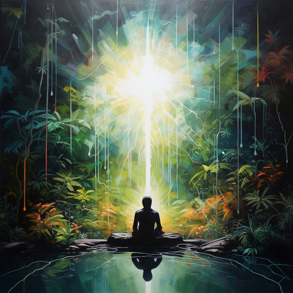 Image of a meditating man surrounded by a serene rainforest