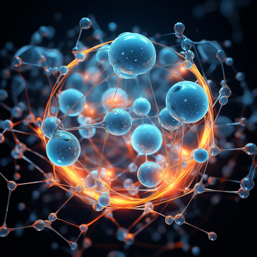 Glowing hydrogen molecule in abstract futuristic cellular structure