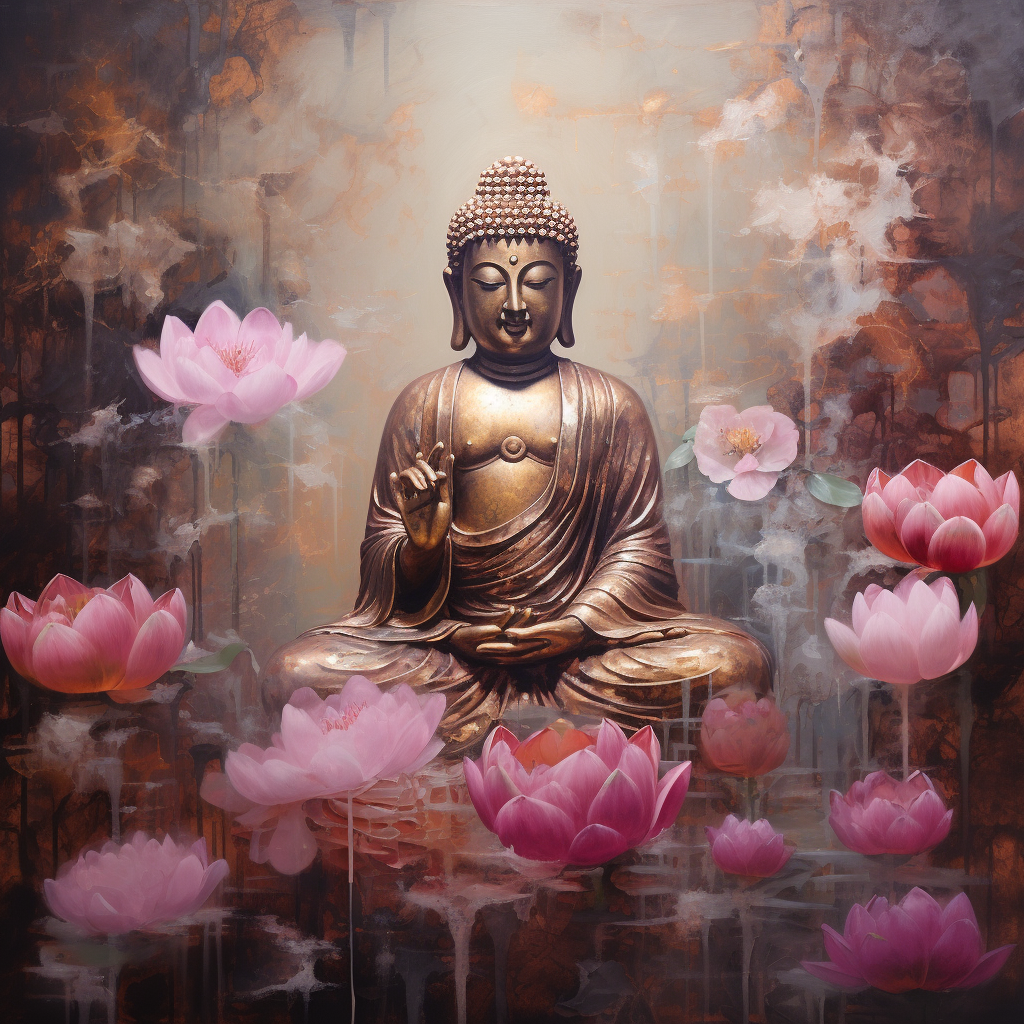 Lifelike Buddha surrounded by vibrant flowers and magical lighting