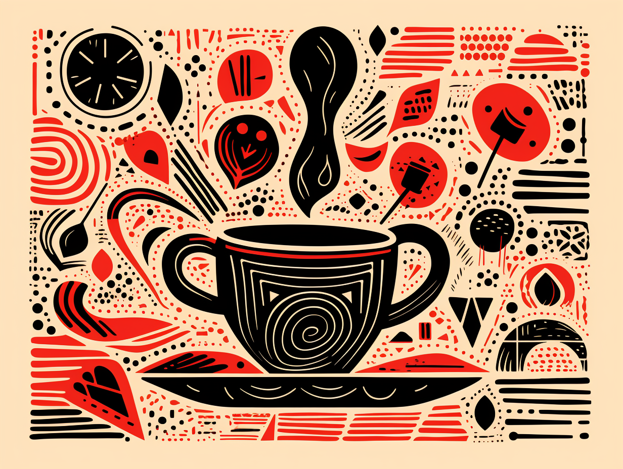 Abstract linocut coffee cup with mysterious symbols and shapes