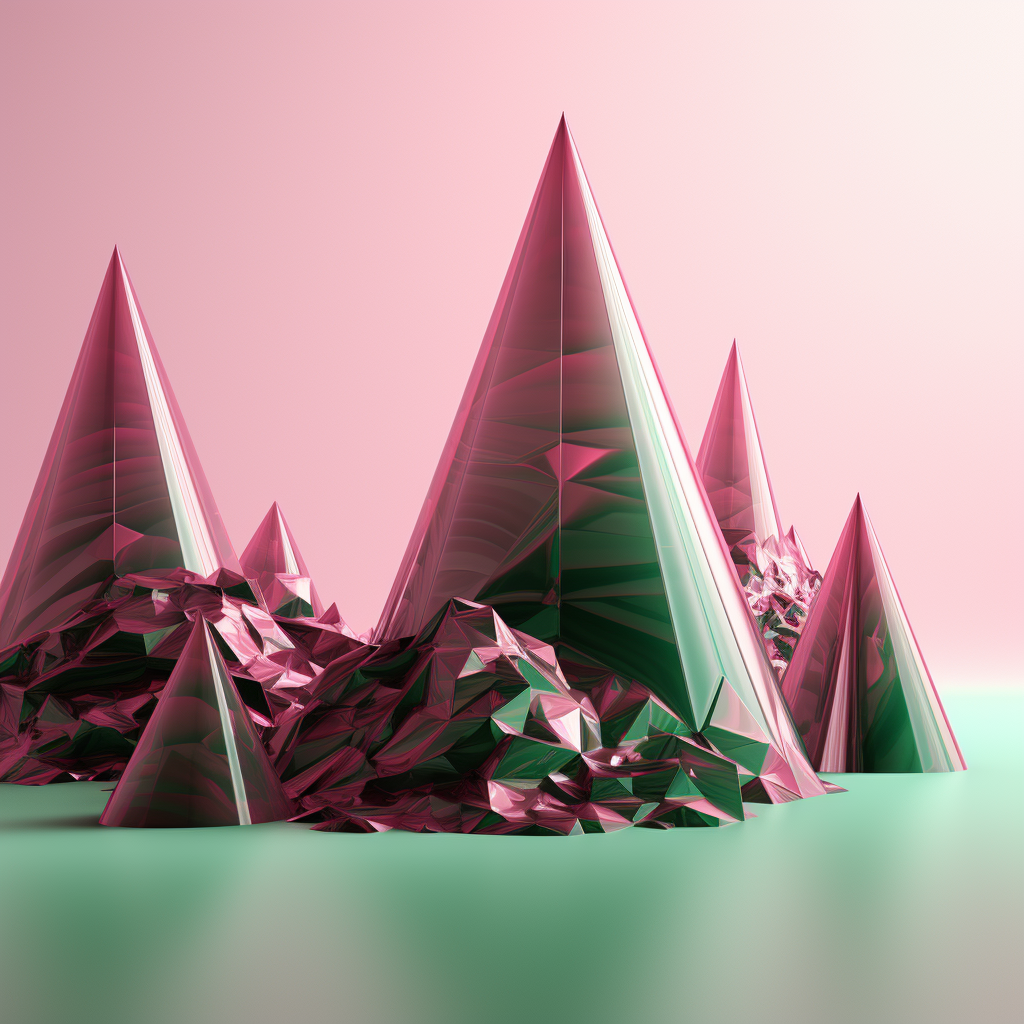 Abstract metal pyramids in pink on deep green