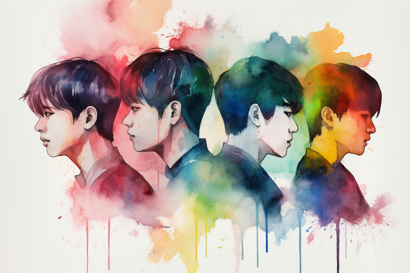 Korean K-pop group in abstract watercolour style