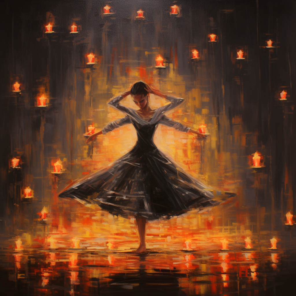 Abstract oil painting of a female dancer surrounded by candles