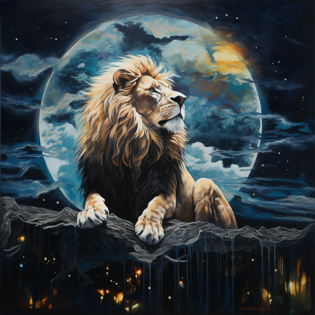 Abstract painting of a male lion in moonlight