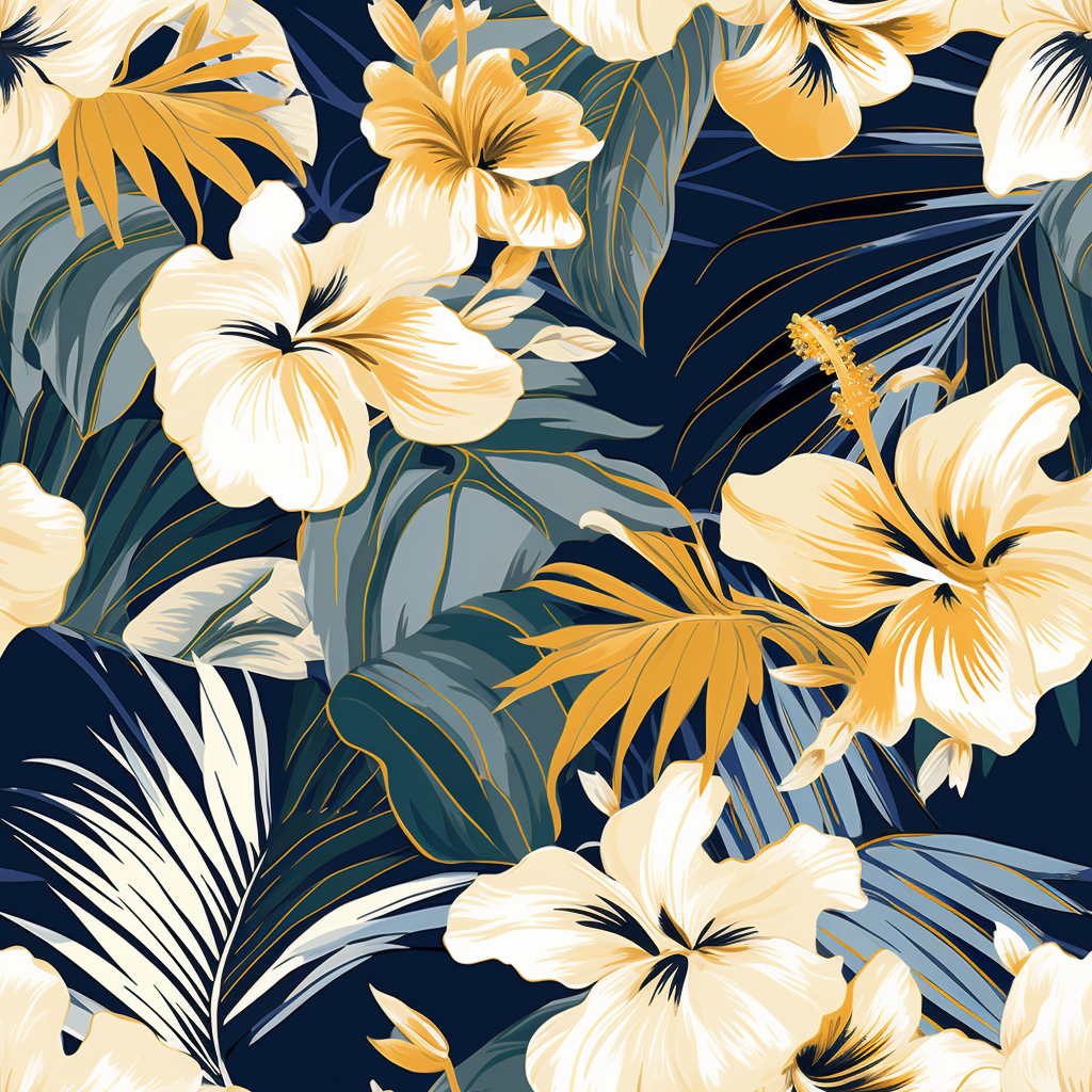 Abstract tropical floral pattern with hibiscus and palm leaves