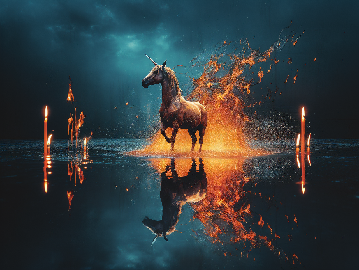 Abstract unicorn reflections in dark orange and light azure