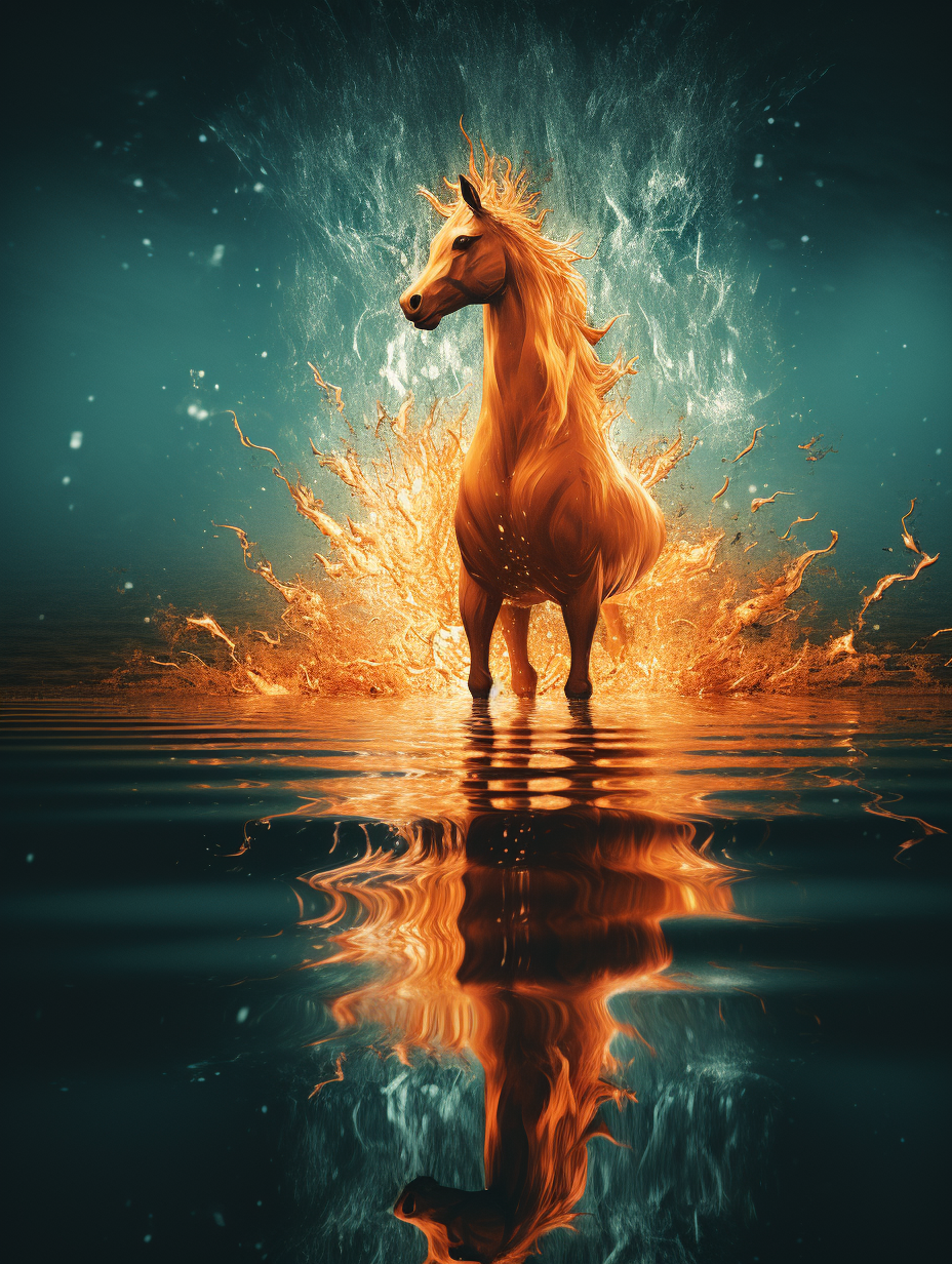 Abstract unicorn reflections in orange and azure