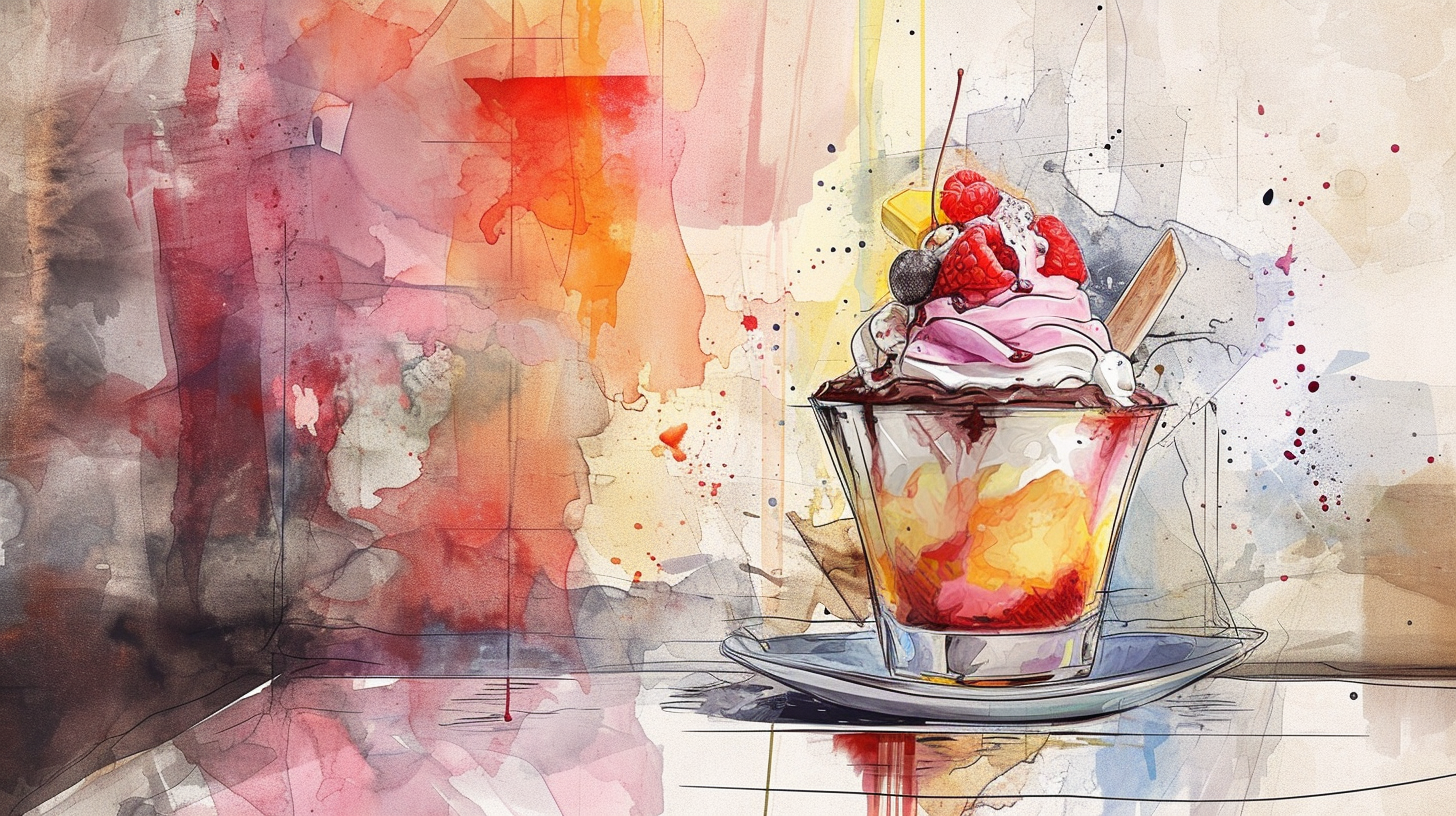 Colorful watercolor ice cream fudge sundae