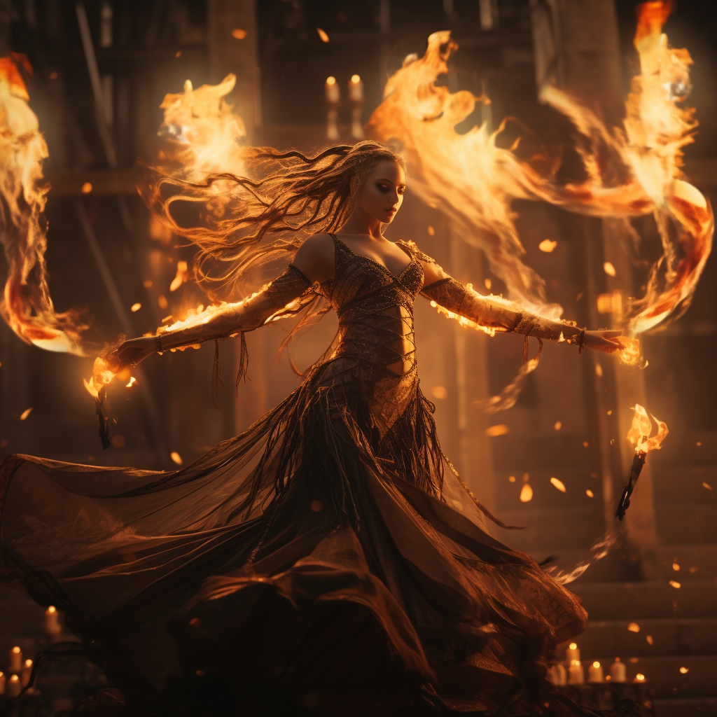 Abstract dancer in medieval witch attire with fiery cinematic lighting