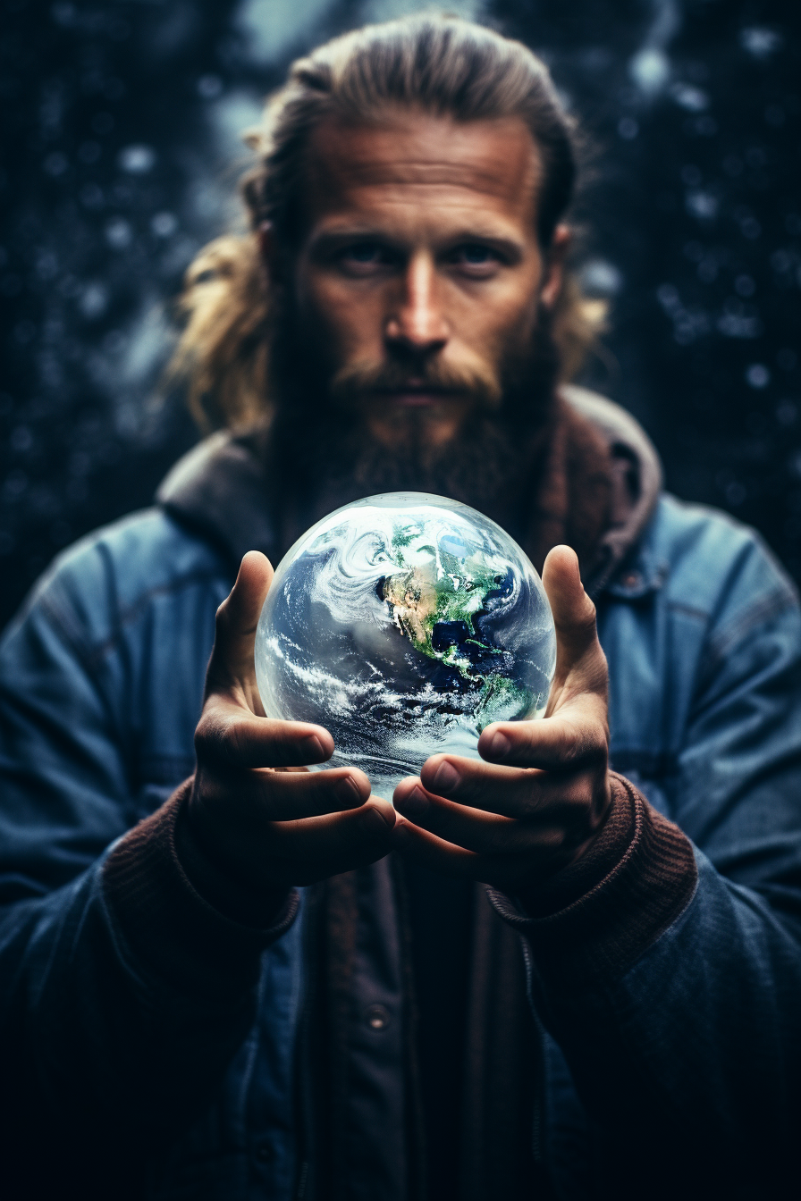 Artistic double exposure of a man with a man-bun holding Earth