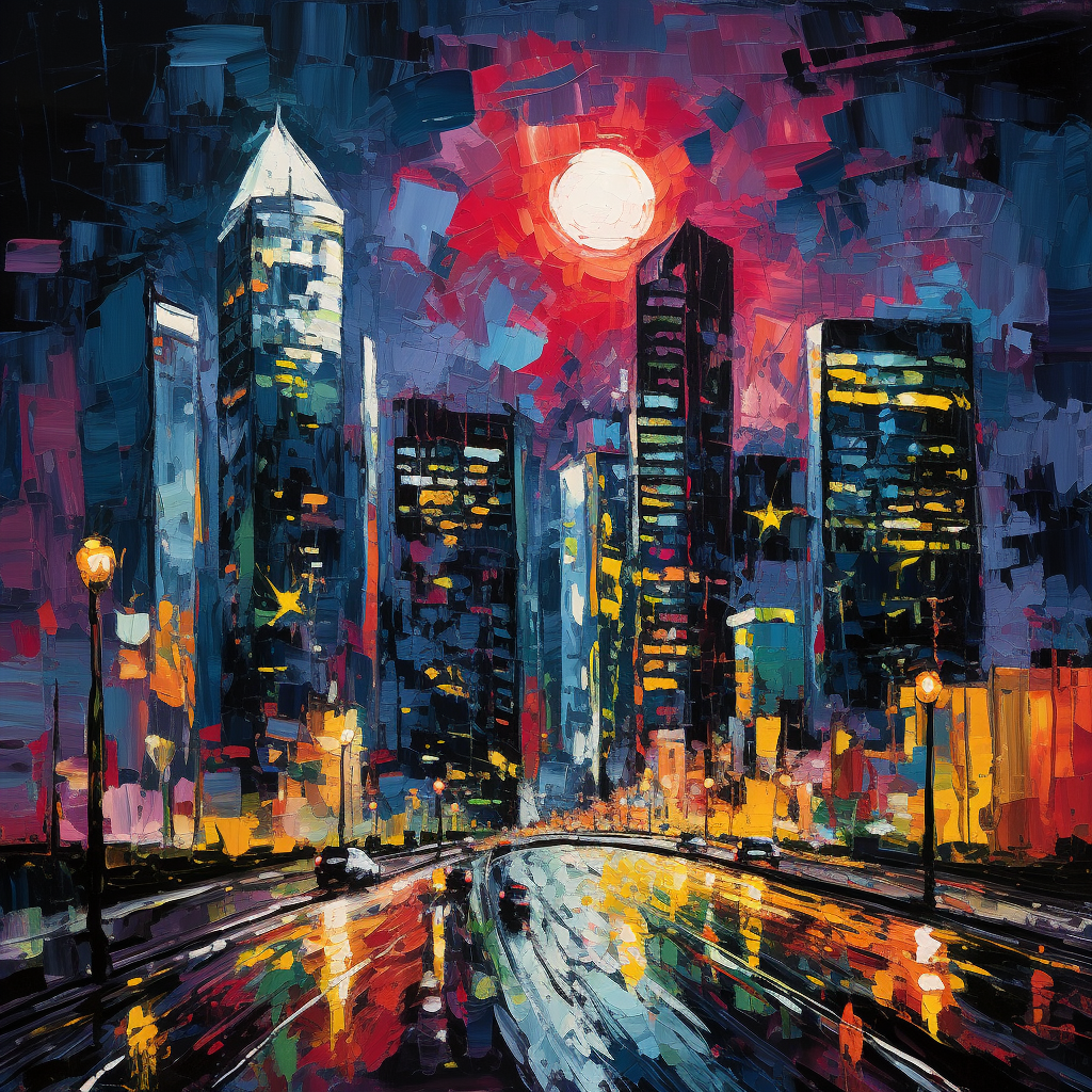 Colorful cityscape painting with thick palette knife strokes