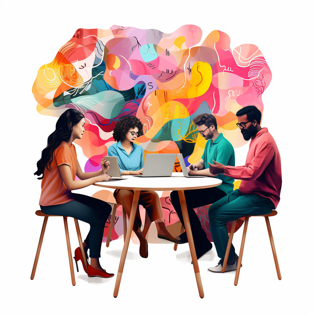 Happy people talking at a wooden table