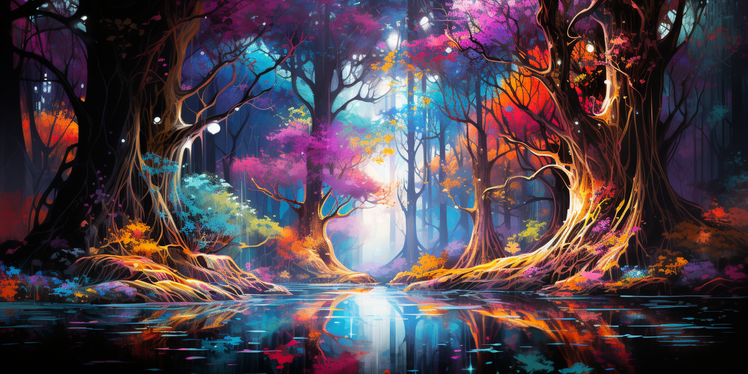 Vibrant spiritual forest with banyan trees and reflections