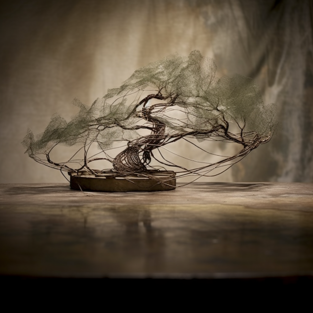 Abstract wire bonsai tree in double exposure