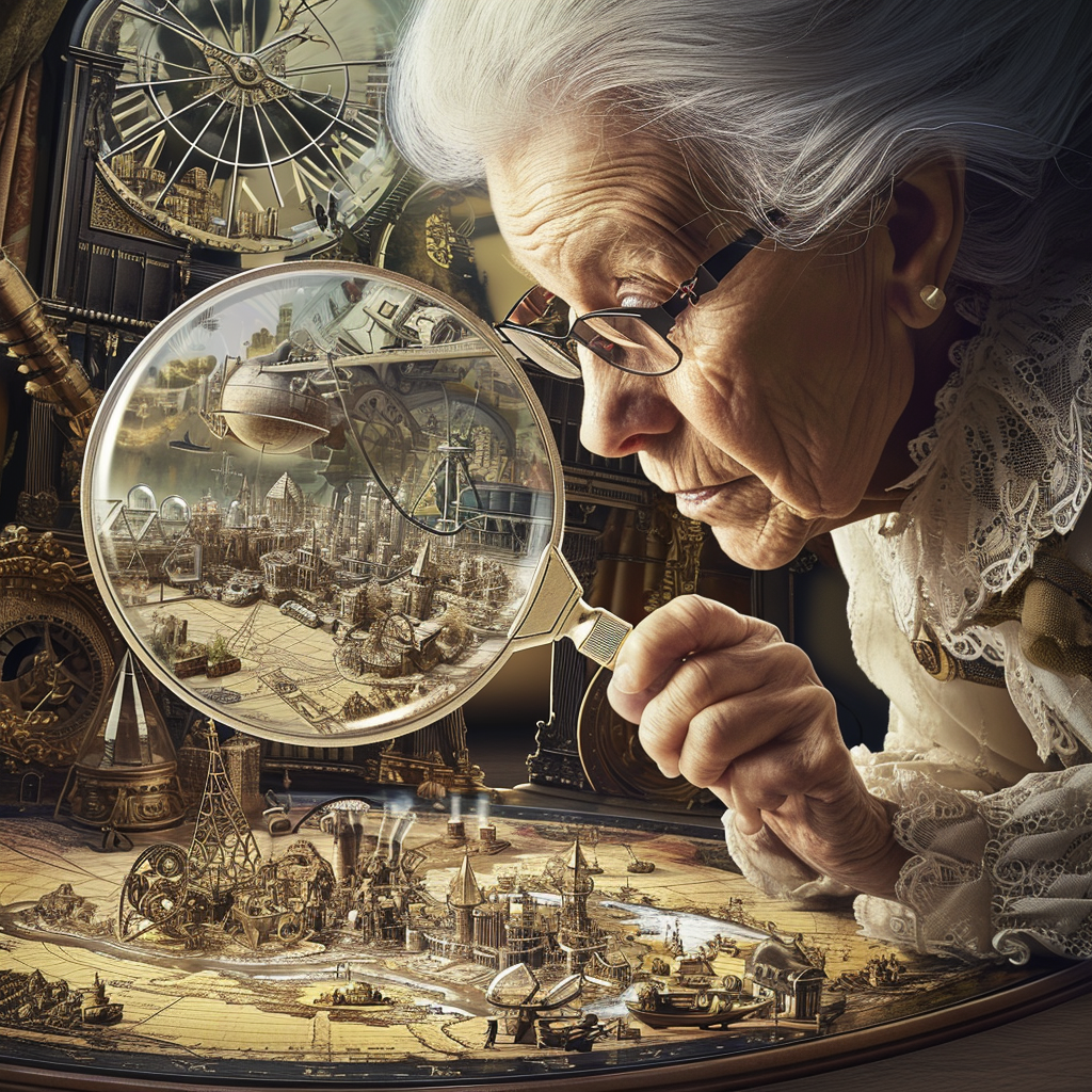 Scientist examining steampunk environment with magnifying glass