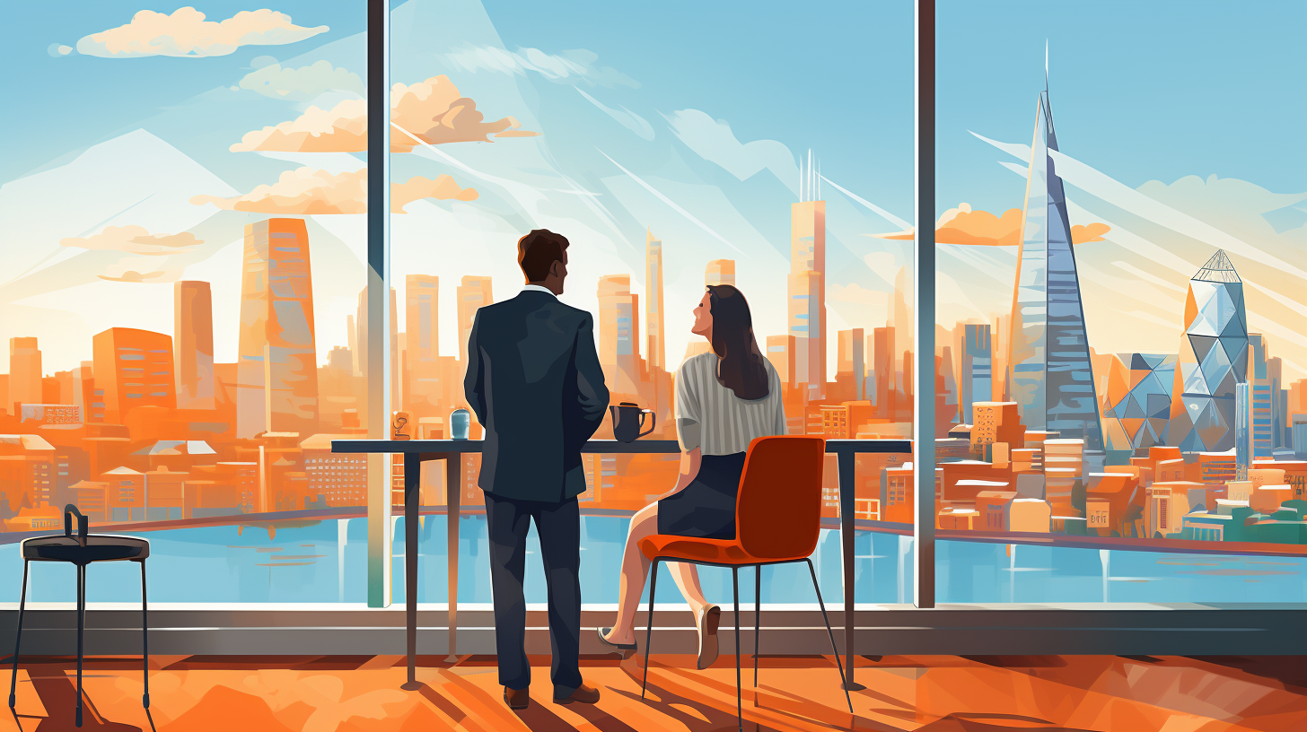 Account manager and clients in office with city skyline