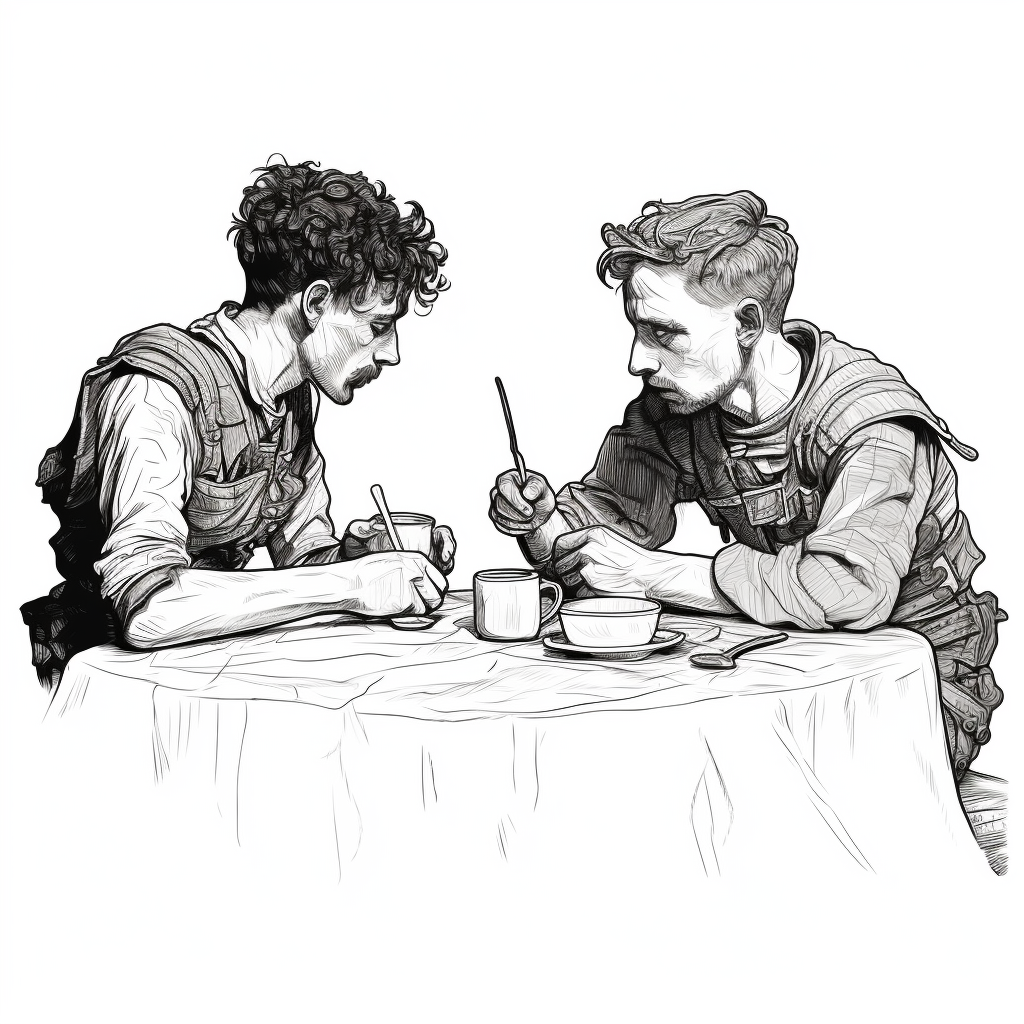 Black and white sketch of Achilles and Patroclus eating