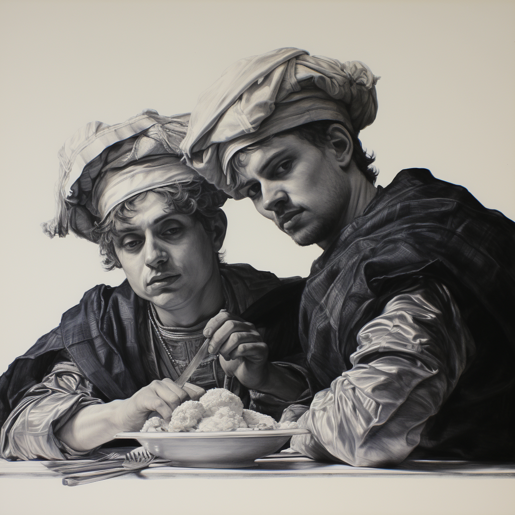 Sketch of Achilles and Patroclus eating at a table