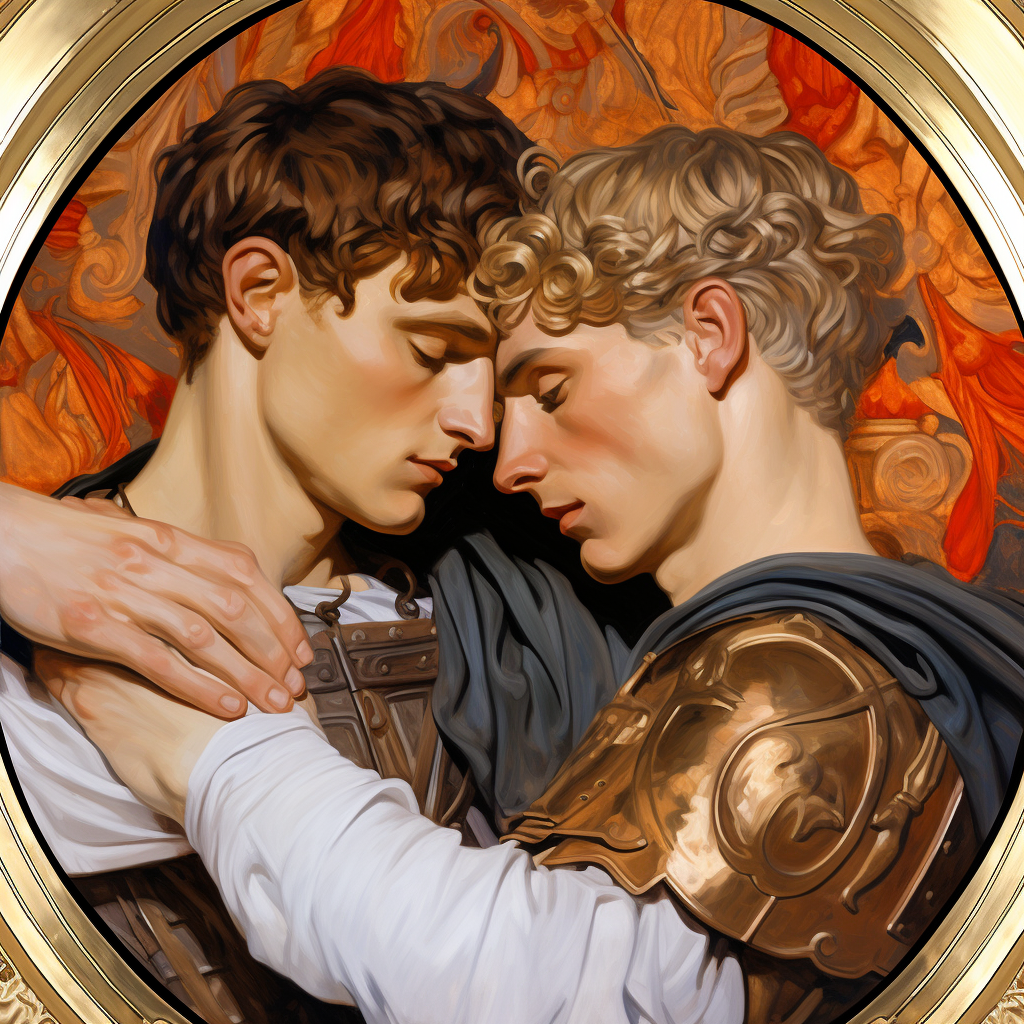 Embracing of Achilles and Patroclus in Leyendecker-Rockwell Style