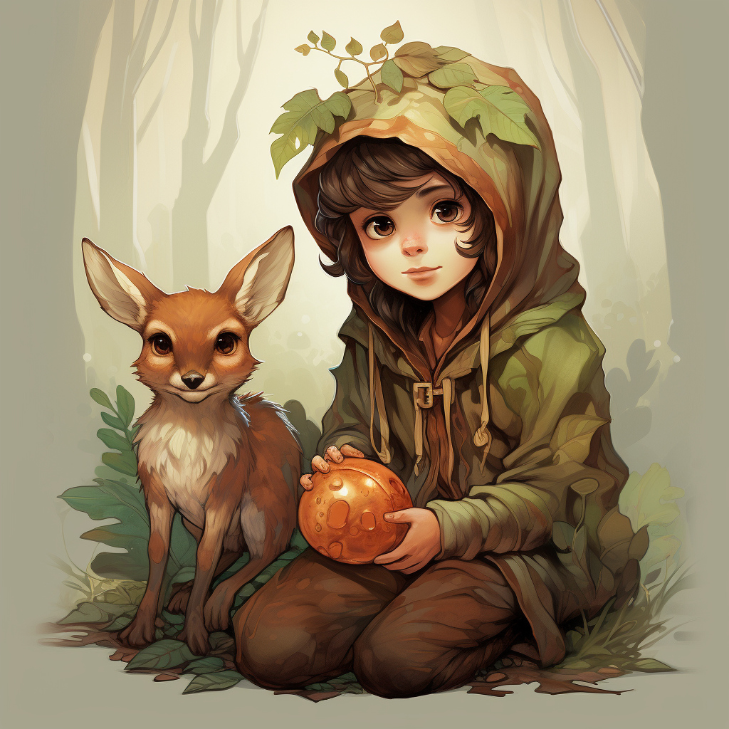 Illustration of Acorn and Fawn sitting on a chestnut