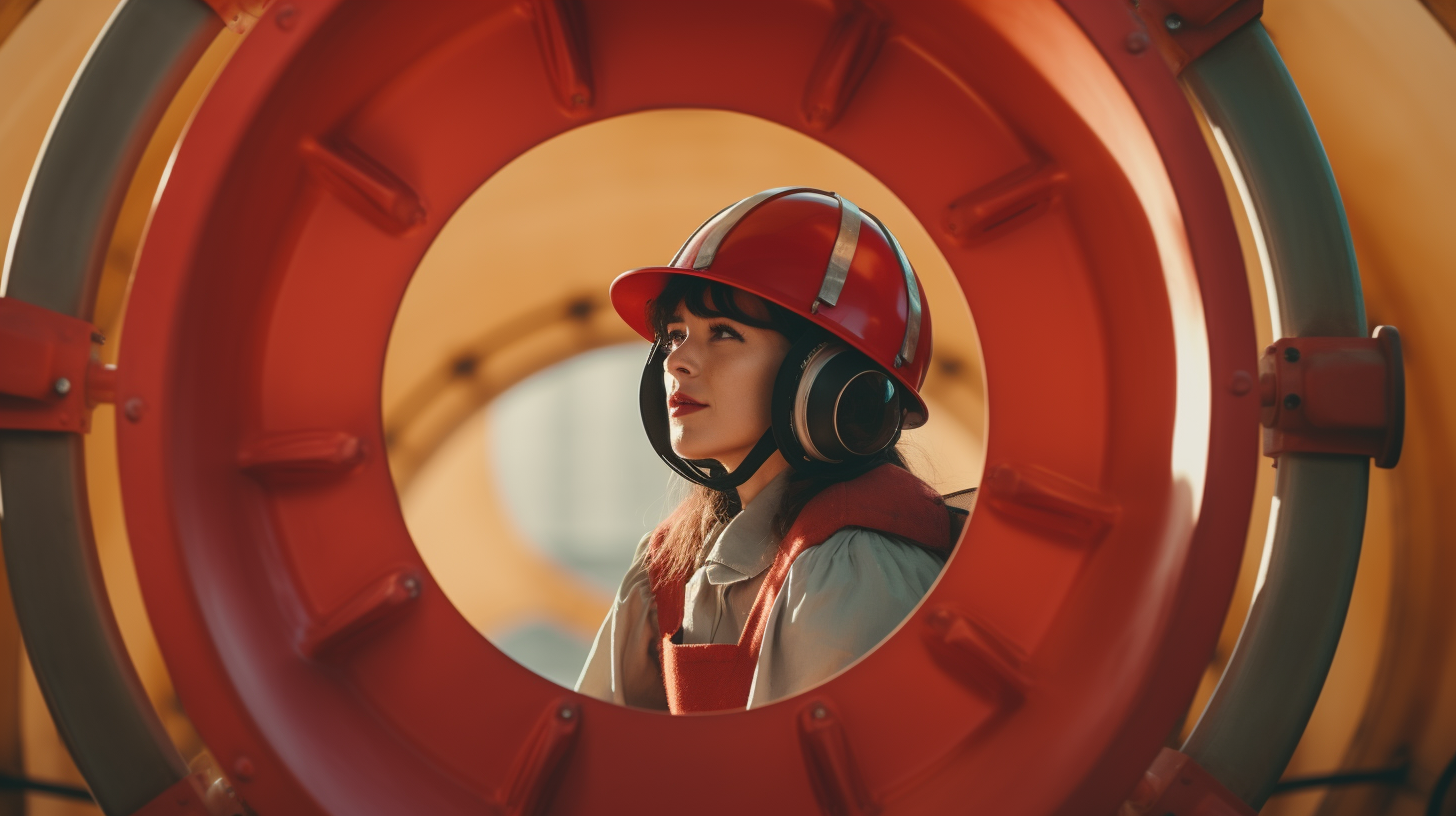 Business woman acrobat in colorful helmet inside circus cannon