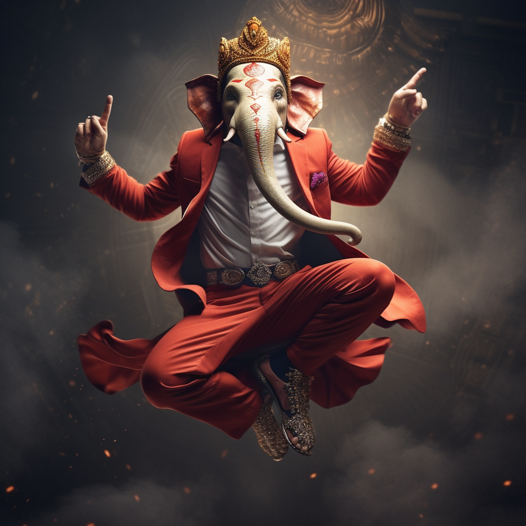 Acrobatic Lord Ganesha performing a flying kick