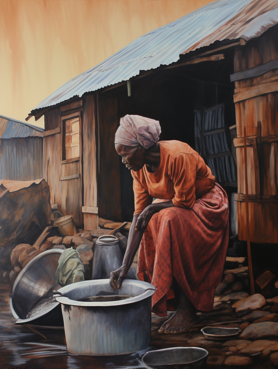 Acrylic painting of elderly African woman washing clothes