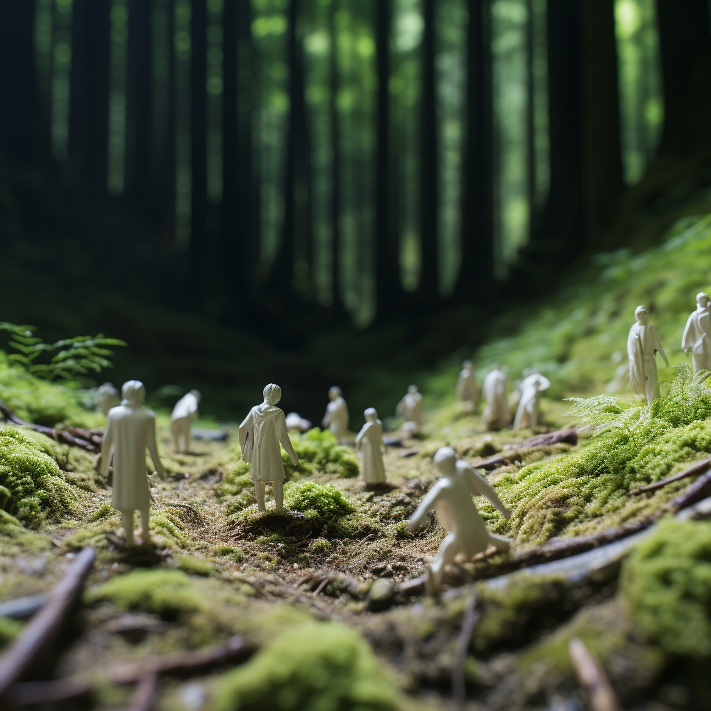 Small action figure people in dying forest