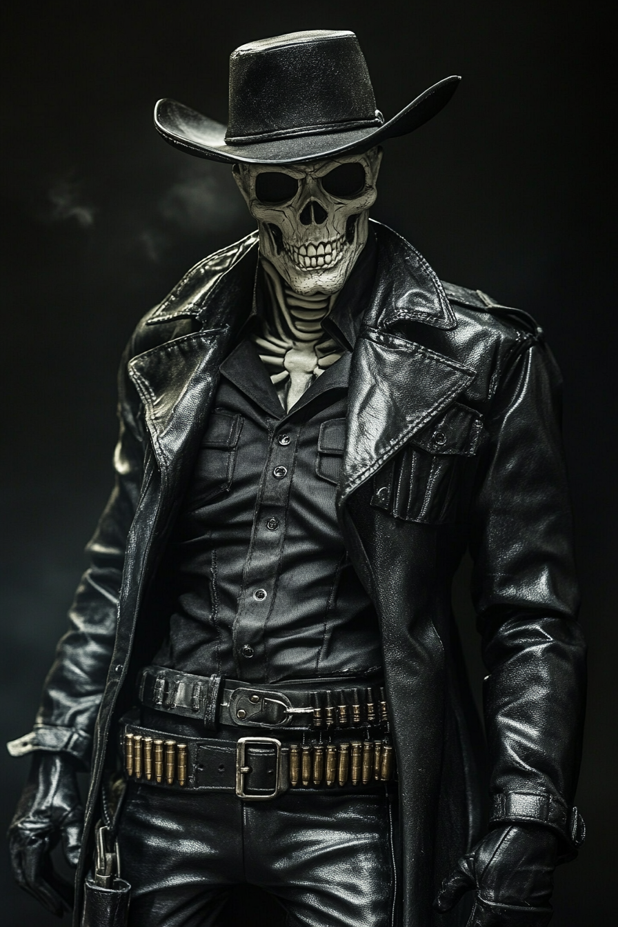 Skeleton cowboy in trench coat