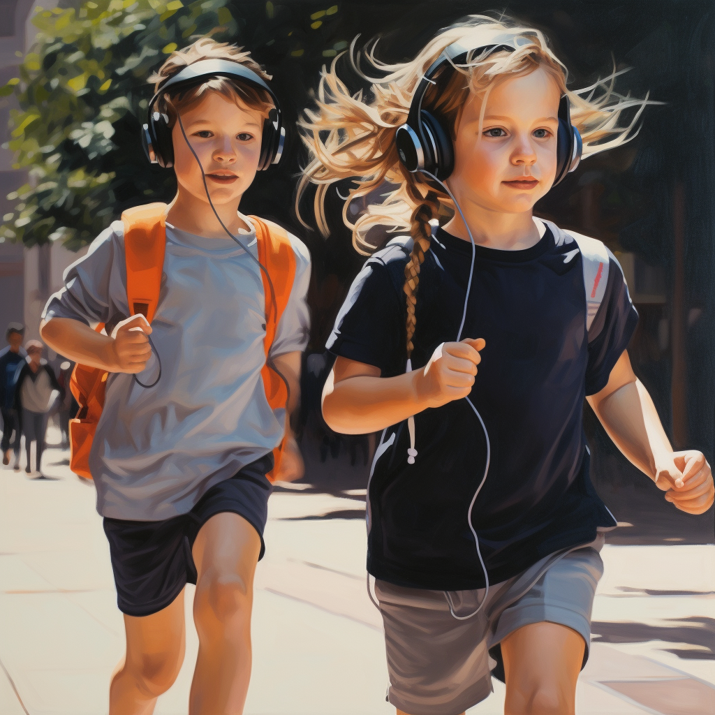 Kids walking with headphones on