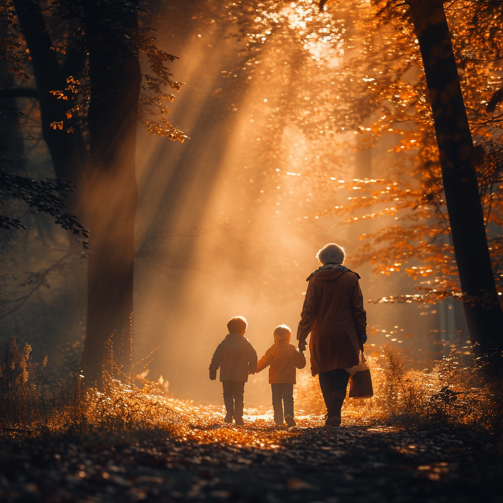 Elderly woman walking with grandchildren in a park