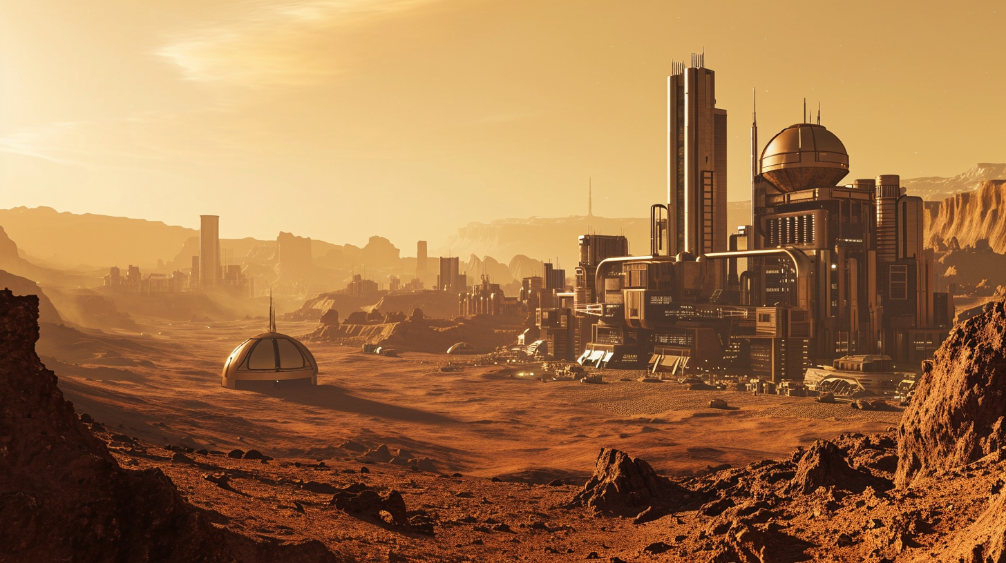 View of active industrial city on Mars