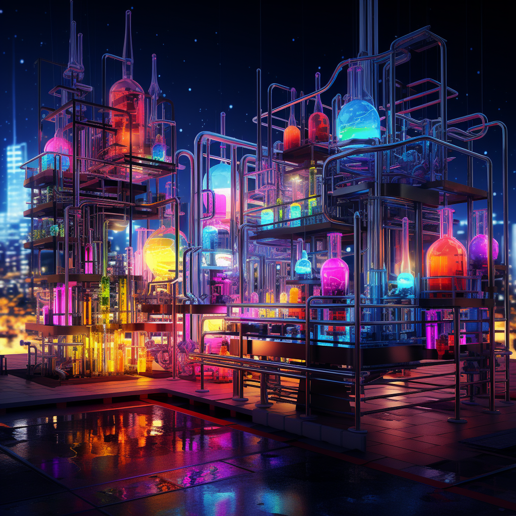 Active laboratory at night with neon colors