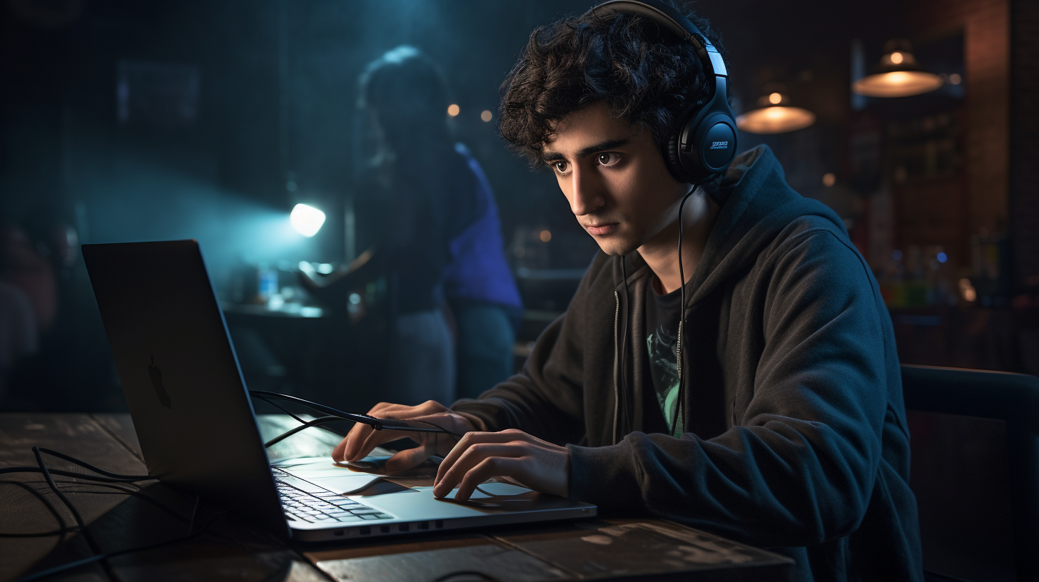 Actor Alex Wolff typing on movie set