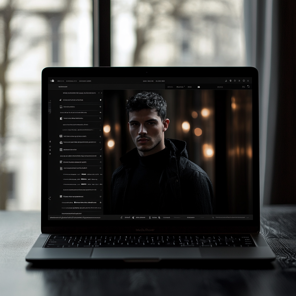 actor profile dark mode laptop